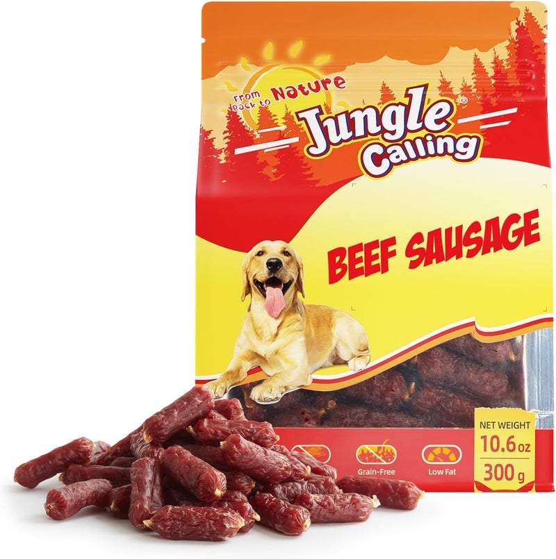 Jungle Calling Beef Sausage Dog Treats, Slow Roasted Beef Jerky Dog Training Treats, Grain-Free Soft Treats for Small and Medium Dogs, 10.6 oz - Image 1